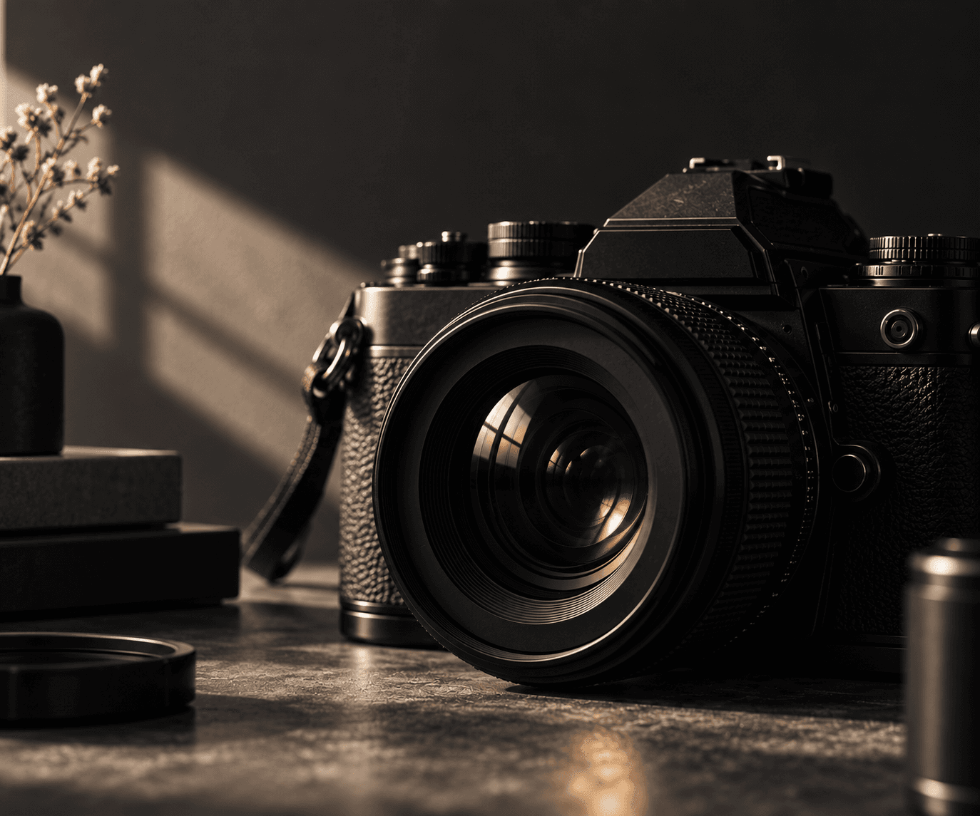 A camera resting in raking afternoon light, the lens catching a warm highlight