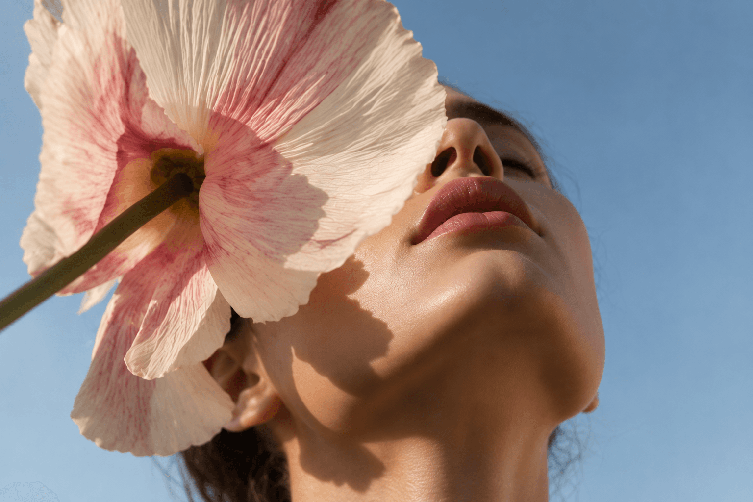 Close portrait in daylight, a pale poppy held across the face against an open sky