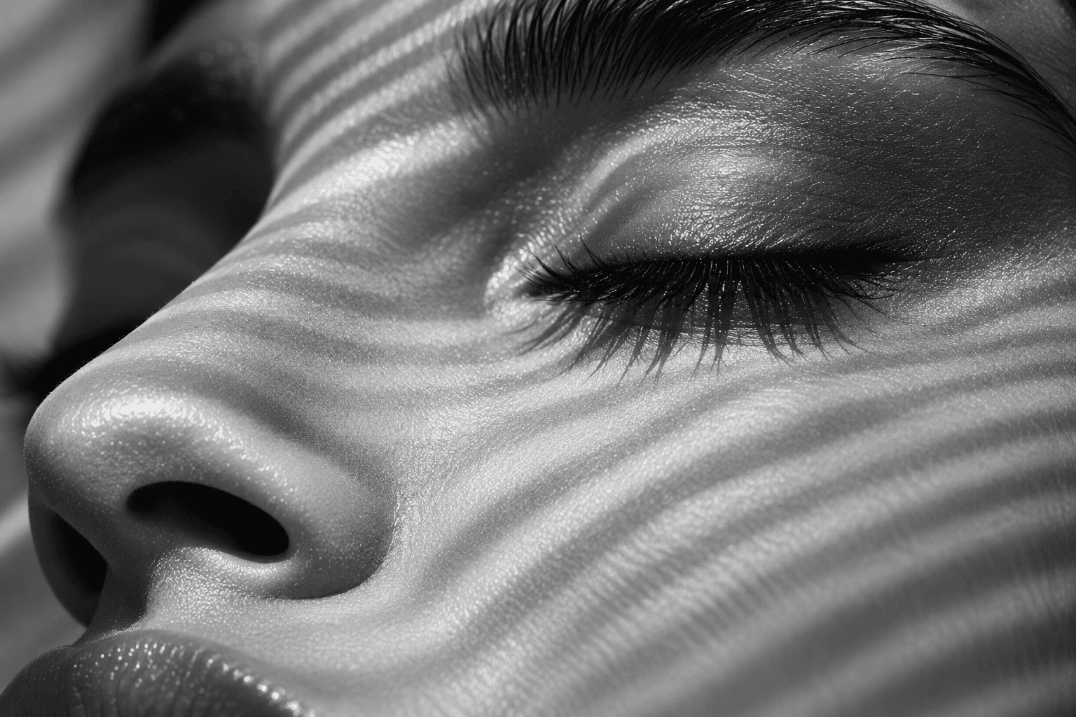 Black and white close study, blind slats laying bands of light across a face