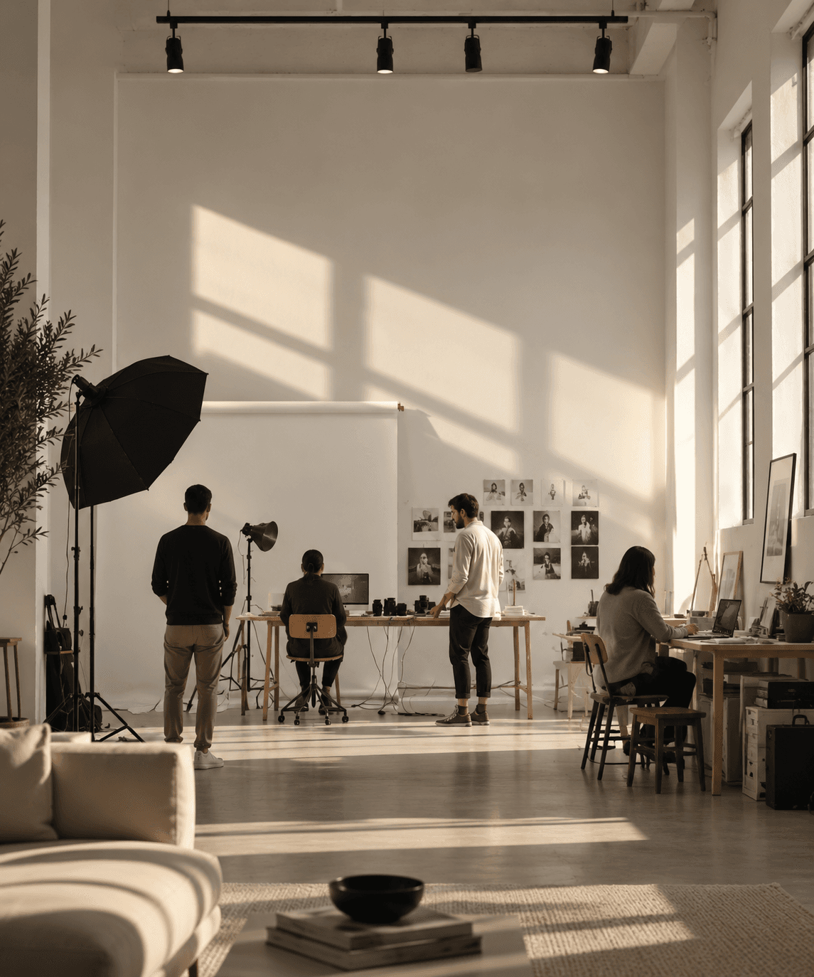 The Northlight studio mid-session, backdrop rolled down and prints pinned across the wall