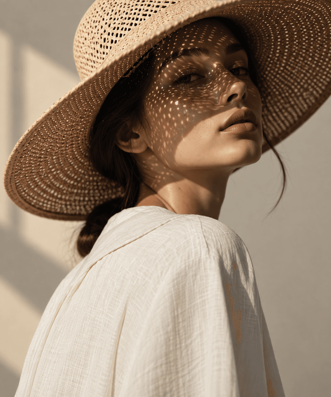 Portrait in full sun, the woven brim of a hat throwing dappled light across the face